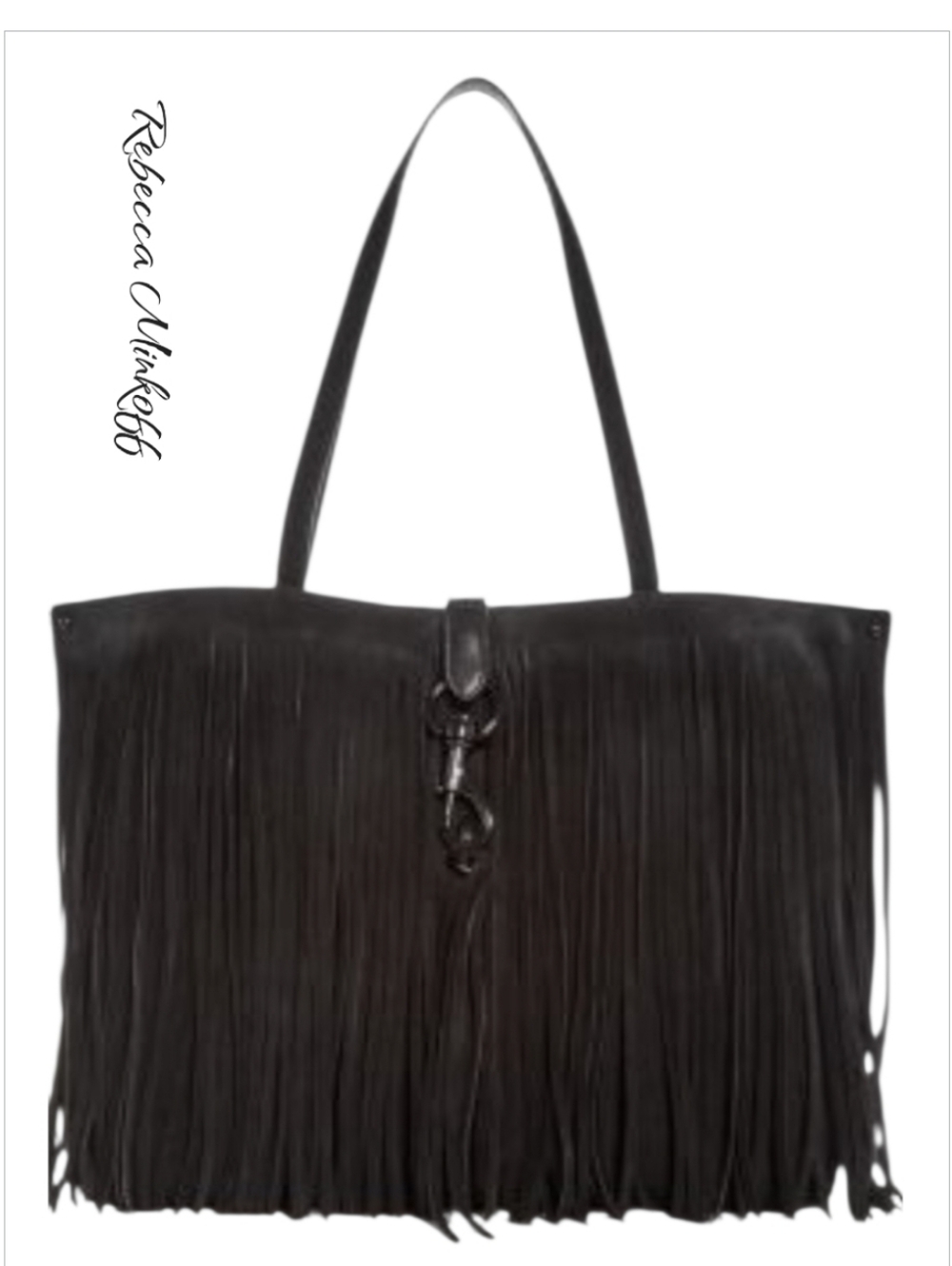 Rebecca Minkoff Megan Fringe Suede & Leather Tote Bag Black NWT